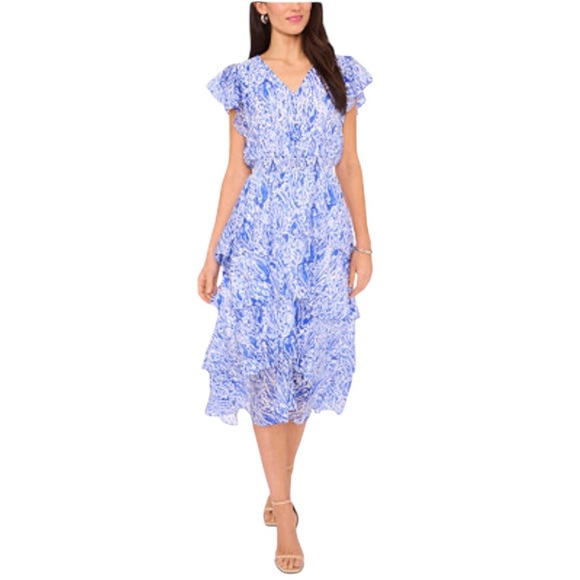 NWT Vince Camuto Women’s Printed Flutter‎ Sleeve Midi Dress Spring Summer - Picture 1 of 6